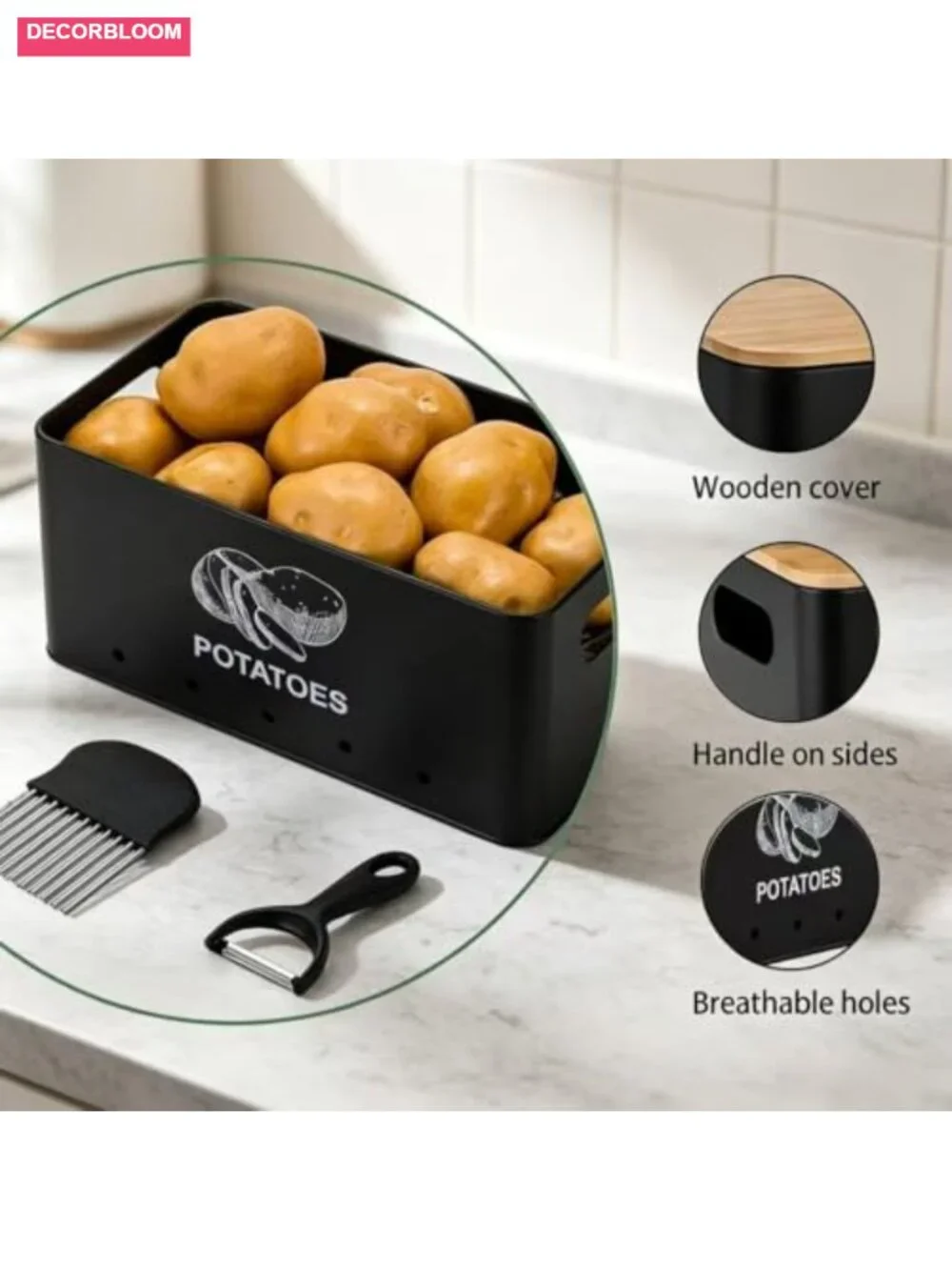 Metal Onion Garlic Potato Storage Set with Bamboo Lids, 3 Canisters with
